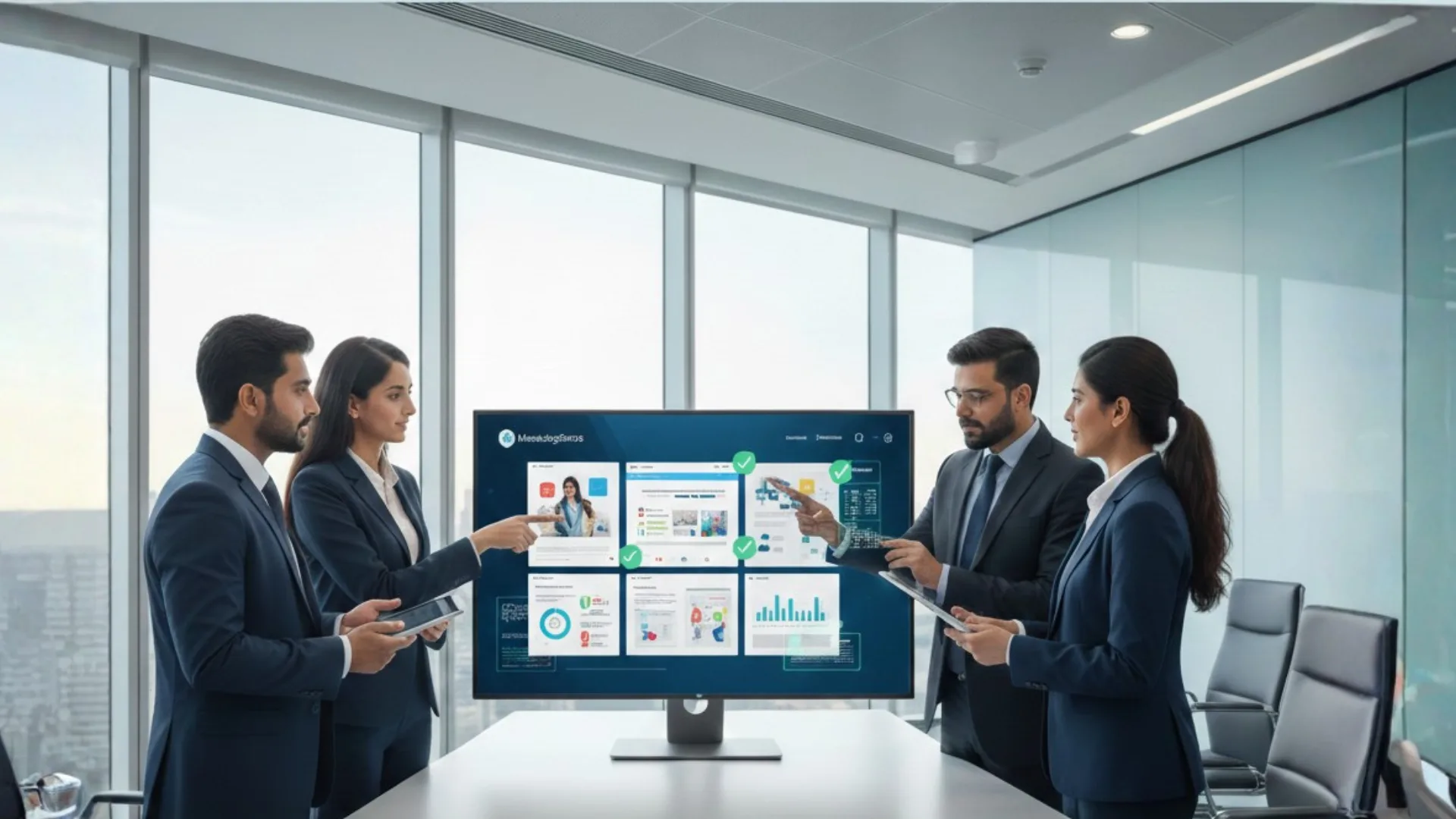 Pharma marketing team reviewing promotional materials on MarketingSense platform